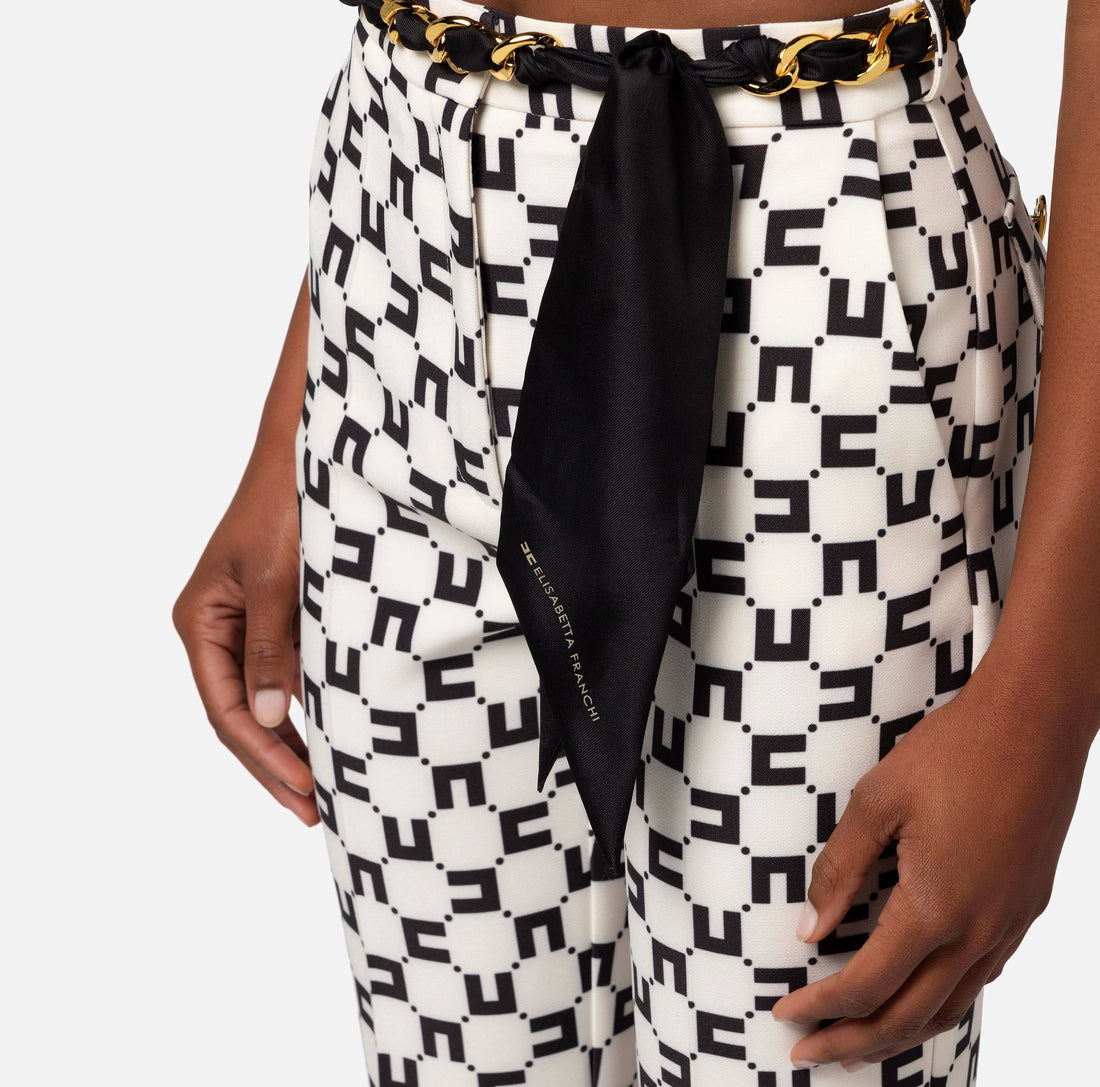 Boot-cut trousers in stretch crêpe with logo print and foulard scarf belt